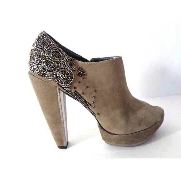 SAM EDELMAN Una 9M Taupe Suede Beaded Peep Toe Platform Shooties Booties Shoes - Picture 1 of 10